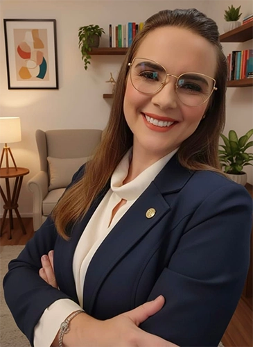 foto da Elizângela em pé, sorrindo, de braços cruzados, vestindo um blazer azul escuro e camisa branca