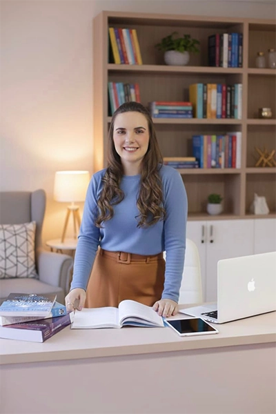 foto da Elizângela em pé, na frente de uma mesa com um notebook e livros, vestindo blusa azul e saia bege, sorridente